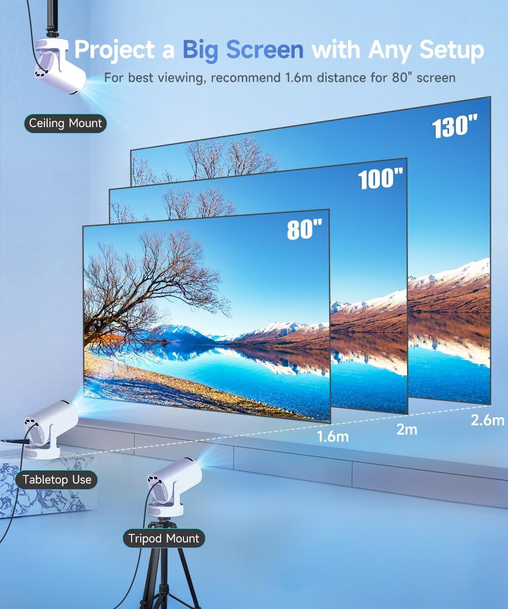 Mini Projector with Wifi 6 and Bluetooth 5.4, Portable Projector 4K Support, 5W Soundbase Speaker, Auto Vertical Keystone 180°Rotatable Smart Proyector for Movie Home Outdoor